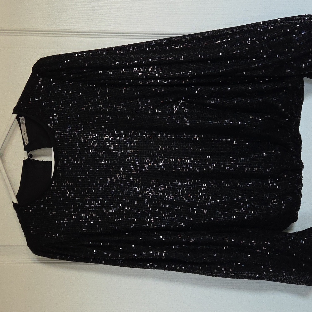 Black Tape Sequins Ballon Blouse